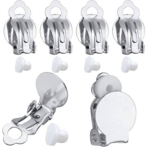50pcs Round Flat Back Tray Earring Clips Non Pierced Earring Components and 50pcs Soft Cushion for DIY Earrings Making,Silver