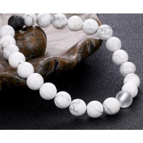 8mm ght45 adjusted Charm white Howlite Bracelet black volcanic lava Stone bead essential oils diffuser women