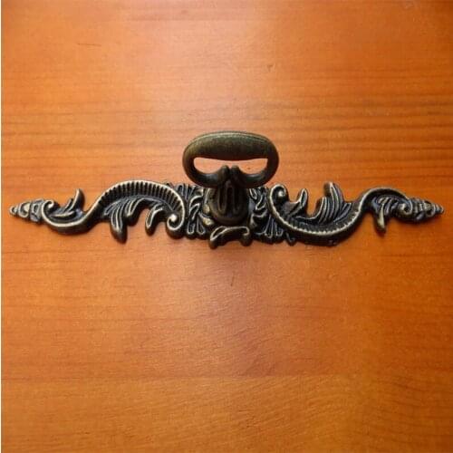 Antique European Flower Handle Drawer Wardrobe Door Handle Wooden Box Handles With Screws Zinc Alloy,Bronze Tone,148*20mm,6Pcs