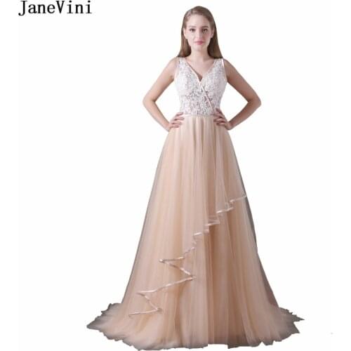 JaneVini 2018 Charming Tulle Bridesmaid Dresses Champagne Deep V Neck Lace Applique Pearls Backless A Line Long Prom Party Gowns