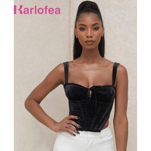 Kealofea New Velour Tanks Crop Tops Girls Fashion Winter Velvet Corset Blusa Lovely Cut Lace Up Bustier Black Sexy Cupped Tops