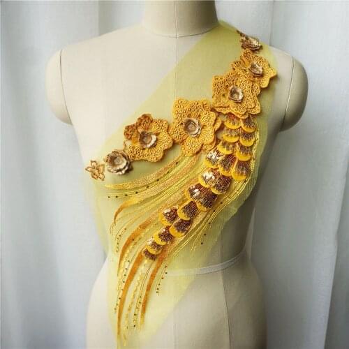 Yellow Flower Lace Fabric Sequin Tassel Embroidered Gown Appliques Collar Mesh Sew Patch For Wedding Decoration Dress DIY