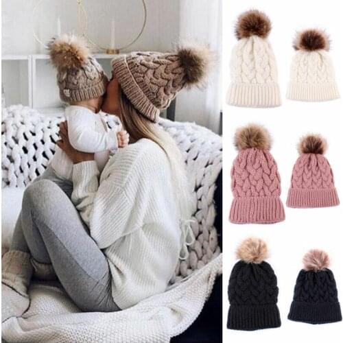 Cute Kids Girls Hats Mother Daughter Warm Knitted Hat Family Matching Children Hats And Caps Winter Newborn Baby Hat Beanie Caps