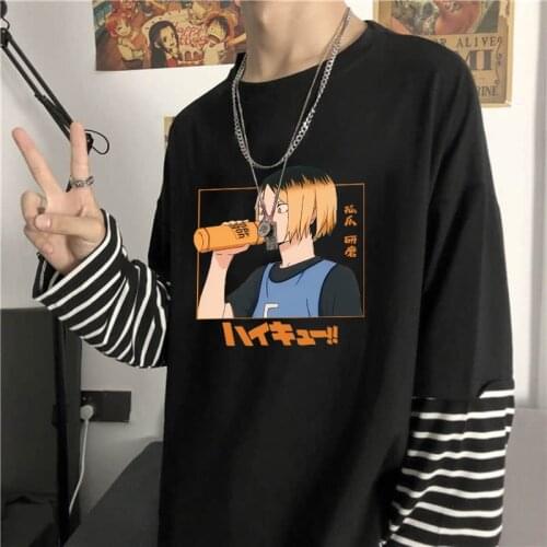 Fashion Harajuku Anime Haikyuu Fake Two Pieces Tshirt Funny Cartoon Kenma Kozume Tops Women Summer Oversize Stripes Tshirts Male