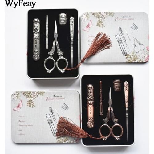 1 Set Retro Vintage Scissors Awl Threader Thimble Iron Box Cross Stitch Scissors Sewing Scissors Embroidery Scissors Thread Tool