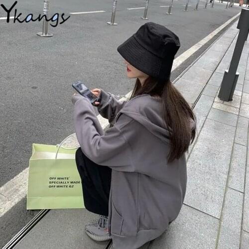 Korean Style Solid Color Hooded Women Blouse Harajuku Style All-match Zipper Sports Top Casual Fashion Long Sleeve Ladies Jacket
