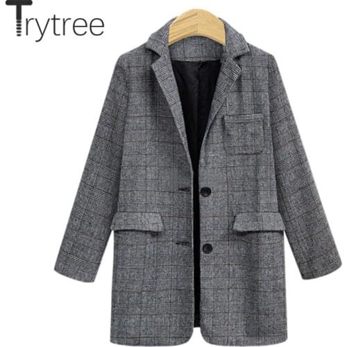 Trytree 2020 Autumn Winter Casual Woman Coat Turn-down Collar Single Breasted Plaid Pockets Fashion Loose Office Lady Suit Coat