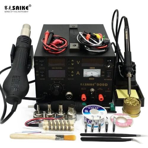 SAIKE 909D 3 in 1 Hot air gun soldering station Rework stations Desoldering station DC regulated power supply 15V 1A