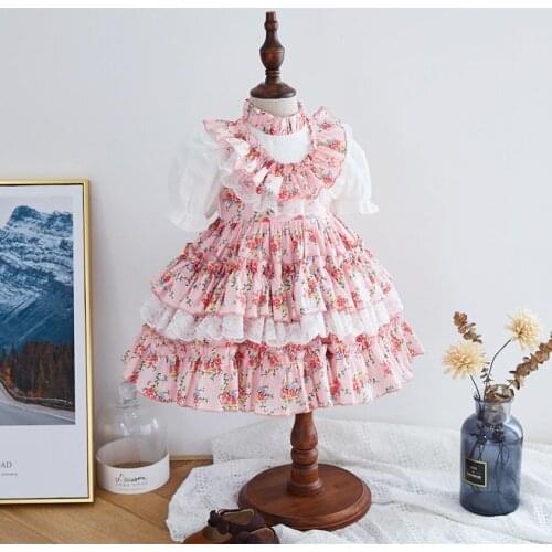 Spanish Lolita Girl Princess dres Lace stitching print short sleeve dress for girls birthday party Easter dress vestidos Y3076