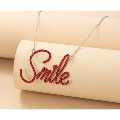 Docona Charms Red Rhinestone Smile Letters Pendant Necklace for Women Fashion Heart Mom Chain Choker Ladies Jewelry Collar