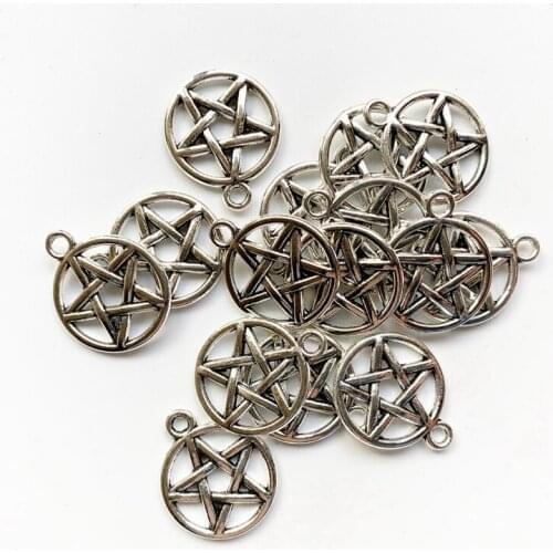Star of 5 Pointed Tibetan Pendant Silver-color Alloy Punk Pentagram Supernatural Necklaces Accessories Round Shape 5pcs
