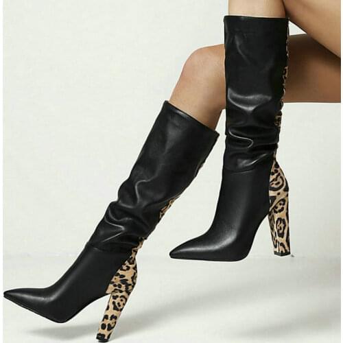 Pointed Knee Length High Boots Fashion Color Matching Folds Ladies Western Boots Leopard Print Women Winter High Heel Boots New