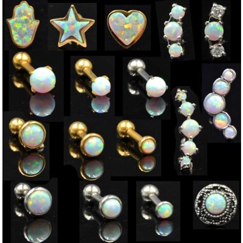 BOG-1PC 316l Surgical Steel Opal 17 Opal Stone Ear Tragus Cartilage Helix Earring Piercing Body jewelry Opal earring stud 16g
