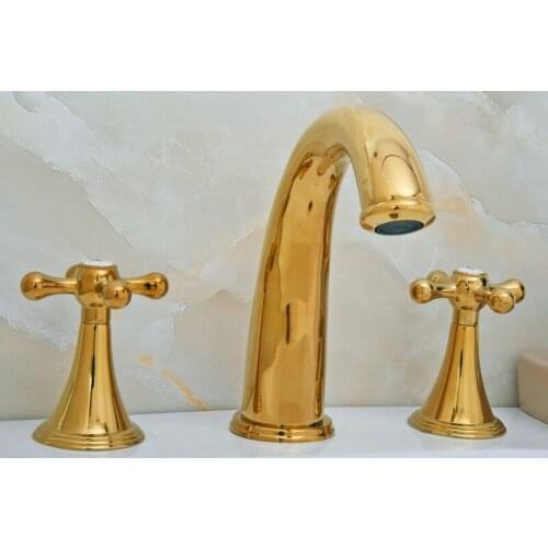 Gold Color Brass Double Cross Handle Deck-Mount 3 Hole Widespread Bathroom Lavatory Bathtub Basin Faucet Sink Mixer Tap dgf021