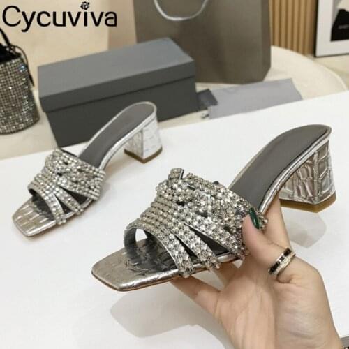 Summer Open Toe Rhinestone Pumps Ladies Shoes Slip On Chunky Heel Women Slippers Party Casual Runway Slides Women Shoes Sandals