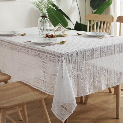 Crocheted hollow Table Cloth Cotton Linen Wrinkle Free Anti-Fading Tablecloths Washable Table Cover for Kitchen Dinning Party