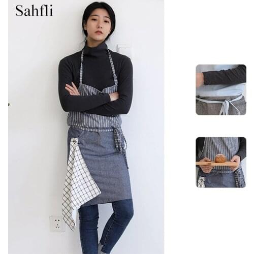 Japanese Version of The Kitchen Sleeveless Apron Striped Splicing Hanging Towel Decoration with Small Pocket Hanging Neck Design