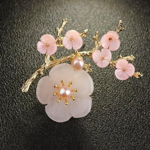 FARLENA Natural Crystal stone Plum blossom Corsage hijab pins Elegant Freshwater Pearl Brooches for Women Clothing Accessories