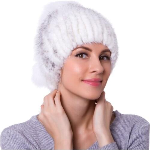 Womens Cap Real Mink Fur Hat Winter Knitted With Fox Fur Pompom Luxury Thicken Mink Hat Casual Fur Hats For Women Beanie Female