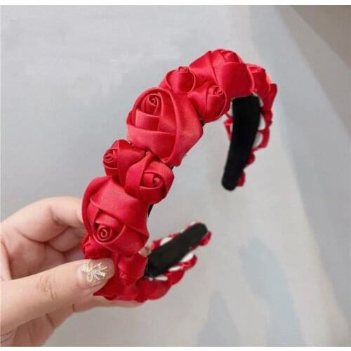 Rose Headband Hair Accessories Red Satin Party Headwear 4 Colors Elegant Bridal for Woman Wedding Party Headpieces 2021