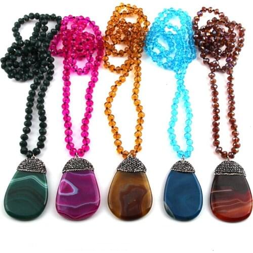 Fashion Bohemian Jewelry Glass Long Knotted & Stone Crystal Pave Drop Necklaces For Women Necklace