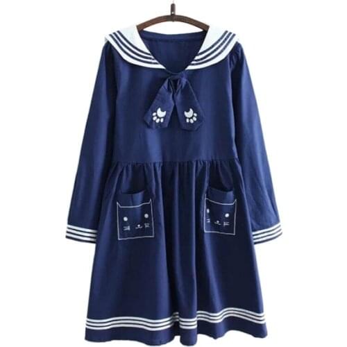 XUANHAO Navy Bow Tie Dress Mori Girls Summer Japan Style Cute Long Sleeve Sailor Collar Cat Embroidery White Dress Vestidos
