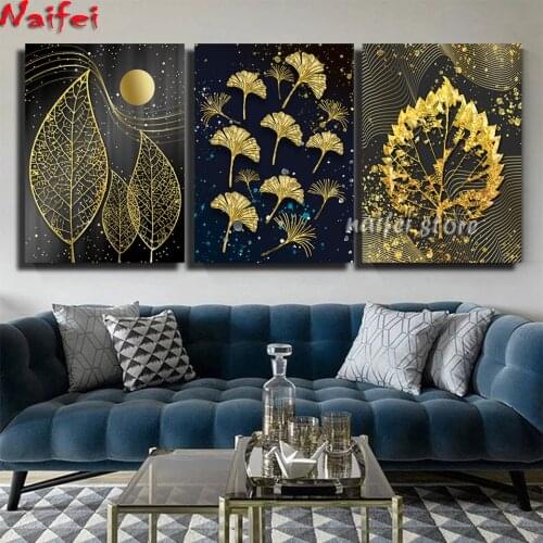 Diamond Painting 5d Golden Leaf Ginkgo Leaves Triptych Diamond Mosaic Cross Stitch Diamond Embroidery Rhinestone Home Decor 3pcs