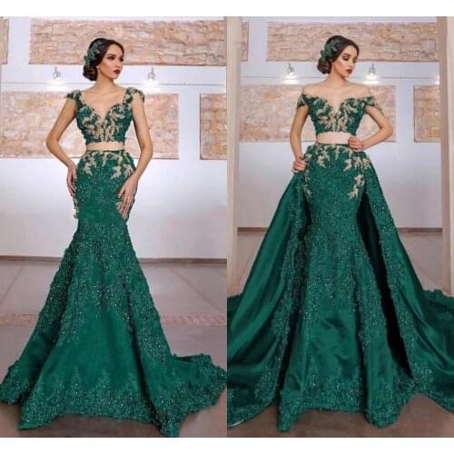 Arabic Two Pieces Prom Dresses with Detachable Train Lace Applique Green Mermaid Evening Gowns Robe Soirée De Mariage