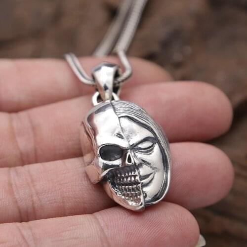 Solid Silver 925 2 Faced Skull Pendant For Necklace Men Women Gothic Punk Style Cool 925 Sterling Thai Silver Jewelry Accessory
