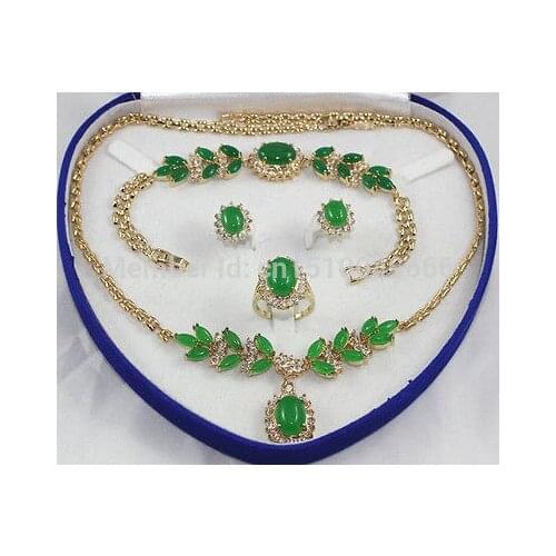 Hot sale GOOD SHIP>>>>Plated Inlay Green jade Necklace Bracelet Ring Earring set AAA