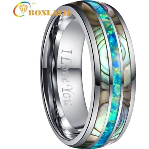 BONLAVIE 8mm Acacia Green Opal Wedding Tungsten Steel Ring Inner Silver Color Engrace Carbide Boho Rings For Men Women Jewellery
