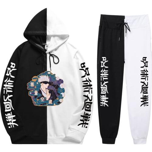 2021 Summer Man 2 Pieces Sets Anime Jujutsu Kaisen Harajuku Print Popular Comfortable Patchwork Thin Hoodie+Patchwork Pants