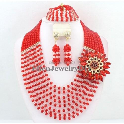 Red African Nigerian style Wedding Crystal Beads jewelry set Wedding bridal Bracelet Earrings necklace Jewelry set W7516
