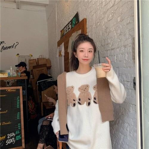 Cartoon Three Little Bears Cute Loose Pullover Womens Long Sleeve Knitted Sweater Womens Jacket 2021 Spring and Autumn New