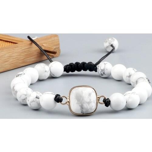 Trendy 6 8MM White Turquoise Bead Bracelet Women Rounded Square Pendant Braided Bracelet Couples Adjustable Bangles Jewelry Gift