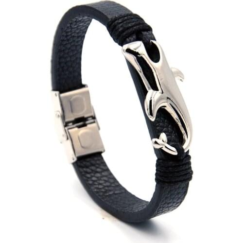 Junwei Fashion Mens Dolphin Alloy Leather Bracelet Men Jewelry Stainless Steel Release Buckle Mens Bracelet