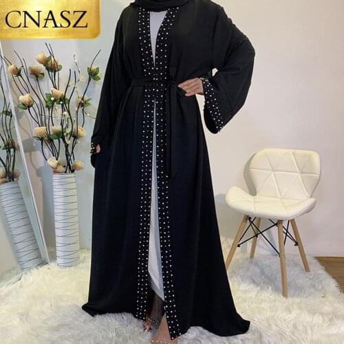Latest Muslim Abayas for Women Islamic Fashion Pearls Kimono Robe Modest Dress Long Elegant Cardigans Clothing Front Open Abaya