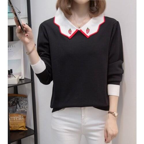 New Winter Korean Embroidered Cherry White Turn-Down Collar Pullovers Women Sweater Long Sleeve Slim Knittted Striped Knitwear