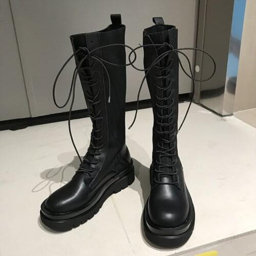 To Knee-High Boots women fashion Genuine Leather Lace-up High long boots Ladies platform shoes Thick bottom boots