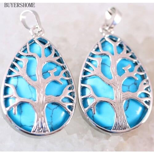 Silver Color Tree of life Water Drop Natural Stone Bead Blue Howlite Necklace Pendant 1Pcs K431