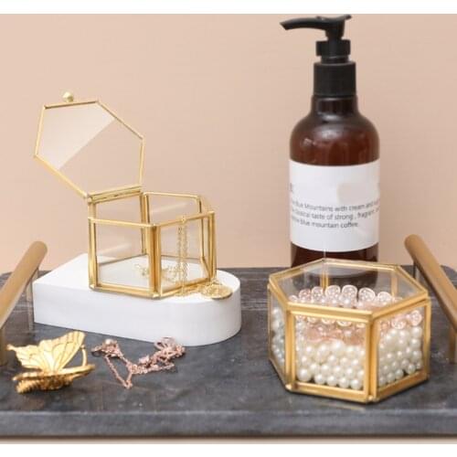 Hexagon Transparent GlassJewelry Box Wedding Ring Box Geometric Clear Glass Jewelry Organizer Holder Tabletop Containe