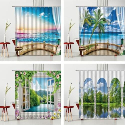 Spring Scenery Shower Curtain Flowers And Plants Geometric Window Balcony Forest Bathtub Decoration Waterproof Polyester Fabric