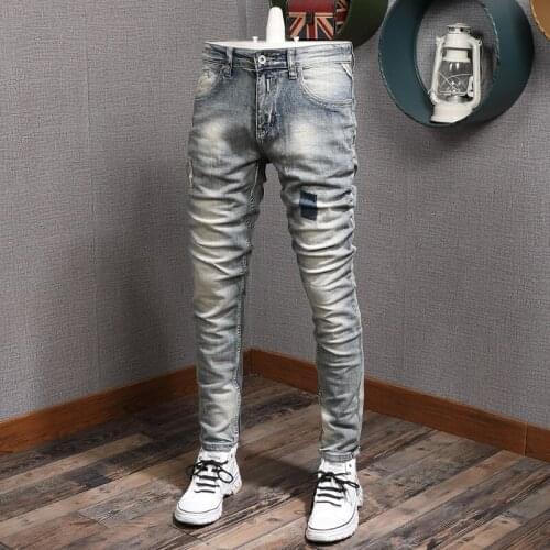 European American Vintage Fashion Men Jeans Retro Distressed Slim Fit Ripped Jeans Men Korean Style Casual Denim Pencil Pants