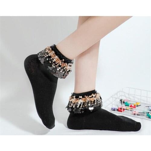 Colorful Shiny Socks Princess Handmade Sequins Socks Women College Style Sexy Design Harajuku Ankle Lace Sokken Socks B608