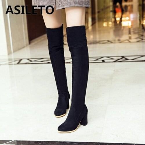ASILETO Women Long Boots Fashion Women Boots Spring Winter Over The Knee High Quality Suede Long Comfort Square Botines Mujer