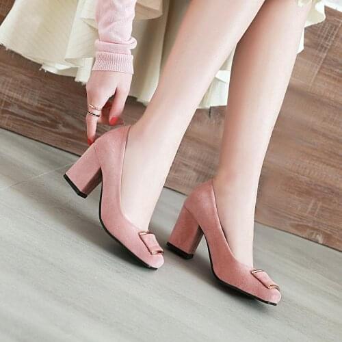 High heel suede womens shoes Square head shallow mouth suede thick with womens shoes wild comfortable high heels
