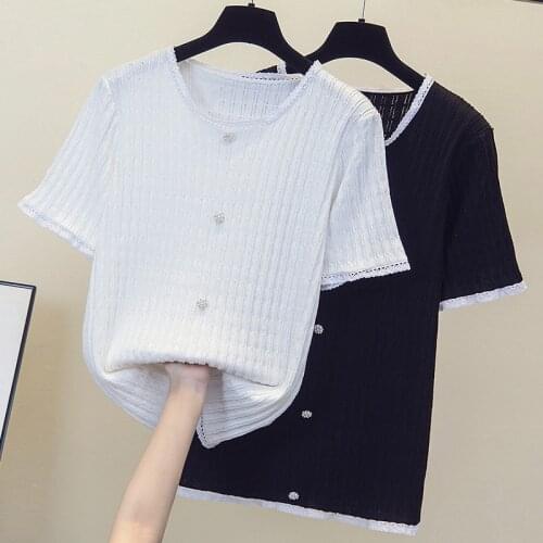 L-4XL large size women fasion button thin sweater pullover loose casual short sleeve o neck Summer kint t-shirt female jumper