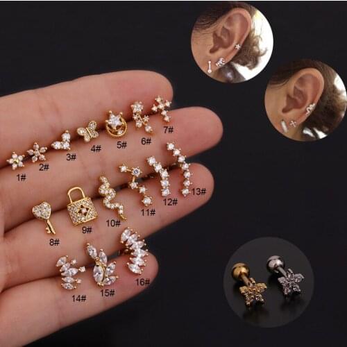 1 PCS Mix Color Zircon Moon Star Flower Snake Shape Ear Studs Cuff Earrings Cute Small Geometric Round Helix Studs Ear Earrings
