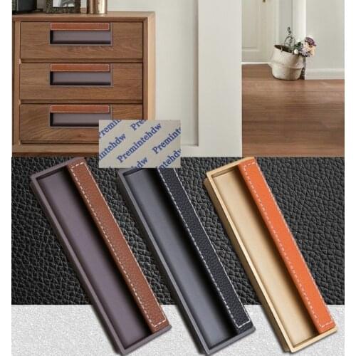 2Pcs/Lot Gold Black Grey Stitched Leather Zinc Square Recessed Flush Finger Pull Furniture cabinet Cupboard Closet Drawer Pull