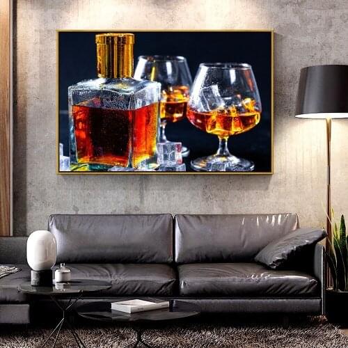 Artcozy Oil Canvas Painting bottle_of_cognac_glasses_ice_cubes For Home Decoration Wall Art